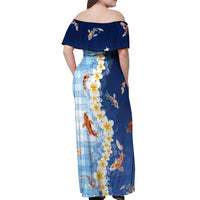 Hawaii And Japan Off Shoulder Maxi Dress Plumeria Lei With Koi Fish Blue - Polynesian Pride