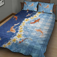Hawaii And Japan Quilt Bed Set Plumeria Lei With Koi Fish Blue - Polynesian Pride