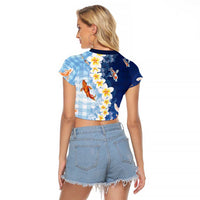 Hawaii And Japan Raglan Cropped T Shirt Plumeria Lei With Koi Fish Blue - Polynesian Pride