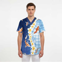 Hawaii And Japan Scrub Top Plumeria Lei With Koi Fish Blue - Polynesian Pride