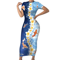 Hawaii And Japan Short Sleeve Bodycon Dress Plumeria Lei With Koi Fish Blue LT05 Long Dress Blue - Polynesian Pride