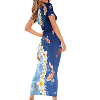 Hawaii And Japan Short Sleeve Bodycon Dress Plumeria Lei With Koi Fish Blue - Polynesian Pride