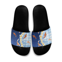 Hawaii And Japan Slide Sandals Plumeria Lei With Koi Fish Blue - Polynesian Pride