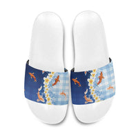 Hawaii And Japan Slide Sandals Plumeria Lei With Koi Fish Blue - Polynesian Pride