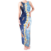 Hawaii And Japan Tank Maxi Dress Plumeria Lei With Koi Fish Blue - Polynesian Pride