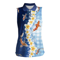 Hawaii And Japan Women Sleeveless Polo Shirt Plumeria Lei With Koi Fish Blue - Polynesian Pride