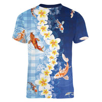 Hawaii And Japan Women V-Neck T-Shirt Plumeria Lei With Koi Fish Blue LT05 - Polynesian Pride