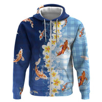 Hawaii And Japan Zip Hoodie Plumeria Lei With Koi Fish Blue - Polynesian Pride