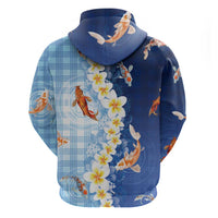 Hawaii And Japan Zip Hoodie Plumeria Lei With Koi Fish Blue - Polynesian Pride