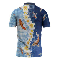 Hawaii And Japan Zipper Polo Shirt Plumeria Lei With Koi Fish Blue - Polynesian Pride