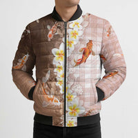 Hawaii And Japan Bomber Puffer Jacket Plumeria Lei With Koi Fish Beige - Polynesian Pride