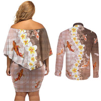 Hawaii And Japan Couples Matching Off Shoulder Short Dress and Long Sleeve Button Shirt Plumeria Lei With Koi Fish Beige - Polynesian Pride