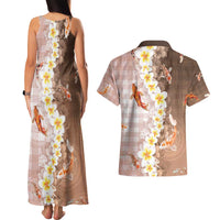 Hawaii And Japan Couples Matching Tank Maxi Dress and Hawaiian Shirt Plumeria Lei With Koi Fish Beige - Polynesian Pride