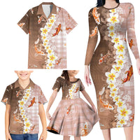Hawaii And Japan Family Matching Long Sleeve Bodycon Dress and Hawaiian Shirt Plumeria Lei With Koi Fish Beige - Polynesian Pride