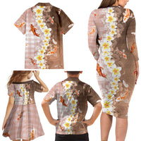 Hawaii And Japan Family Matching Long Sleeve Bodycon Dress and Hawaiian Shirt Plumeria Lei With Koi Fish Beige LT05 - Polynesian Pride