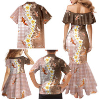Hawaii And Japan Family Matching Mermaid Dress and Hawaiian Shirt Plumeria Lei With Koi Fish Beige - Polynesian Pride