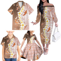 Hawaii And Japan Family Matching Off The Shoulder Long Sleeve Dress and Hawaiian Shirt Plumeria Lei With Koi Fish Beige LT05 - Polynesian Pride