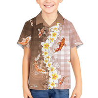 Hawaii And Japan Family Matching Off The Shoulder Long Sleeve Dress and Hawaiian Shirt Plumeria Lei With Koi Fish Beige LT05 Son's Shirt Beige - Polynesian Pride