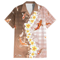 Hawaii And Japan Family Matching Off Shoulder Maxi Dress and Hawaiian Shirt Plumeria Lei With Koi Fish Beige LT05 Dad's Shirt - Short Sleeve Beige - Polynesian Pride