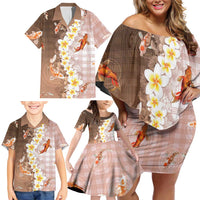 Hawaii And Japan Family Matching Off Shoulder Short Dress and Hawaiian Shirt Plumeria Lei With Koi Fish Beige LT05 - Polynesian Pride