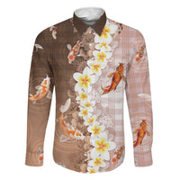 Hawaii And Japan Family Matching Off Shoulder Short Dress and Hawaiian Shirt Plumeria Lei With Koi Fish Beige LT05 Dad's Shirt - Long Sleeve Beige - Polynesian Pride