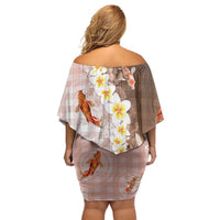 Hawaii And Japan Family Matching Off Shoulder Short Dress and Hawaiian Shirt Plumeria Lei With Koi Fish Beige - Polynesian Pride