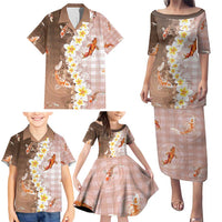 Hawaii And Japan Family Matching Puletasi and Hawaiian Shirt Plumeria Lei With Koi Fish Beige - Polynesian Pride