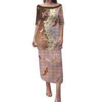 Hawaii And Japan Family Matching Puletasi and Hawaiian Shirt Plumeria Lei With Koi Fish Beige - Polynesian Pride
