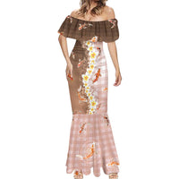 Hawaii And Japan Mermaid Dress Plumeria Lei With Koi Fish Beige - Polynesian Pride