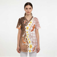 Hawaii And Japan Scrub Top Plumeria Lei With Koi Fish Beige - Polynesian Pride