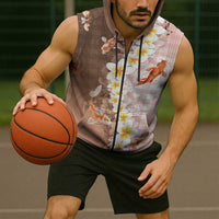 Hawaii And Japan Sleeveless Zip Hoodie Plumeria Lei With Koi Fish Beige - Polynesian Pride