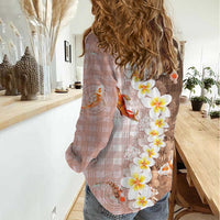 Hawaii And Japan Women Casual Shirt Plumeria Lei With Koi Fish Beige - Polynesian Pride