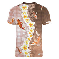 Hawaii And Japan Women V-Neck T-Shirt Plumeria Lei With Koi Fish Beige LT05 - Polynesian Pride