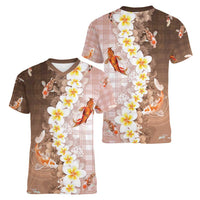 Hawaii And Japan Women V-Neck T-Shirt Plumeria Lei With Koi Fish Beige - Polynesian Pride