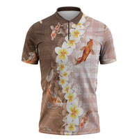 Hawaii And Japan Zipper Polo Shirt Plumeria Lei With Koi Fish Beige LT05 Beige - Polynesian Pride