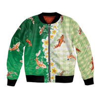 Hawaii And Japan Bomber Jacket Plumeria Lei With Koi Fish Green - Polynesian Pride
