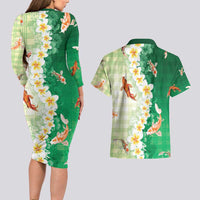 Hawaii And Japan Couples Matching Long Sleeve Bodycon Dress and Hawaiian Shirt Plumeria Lei With Koi Fish Green - Polynesian Pride