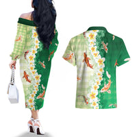 Hawaii And Japan Couples Matching Off The Shoulder Long Sleeve Dress and Hawaiian Shirt Plumeria Lei With Koi Fish Green LT05 - Polynesian Pride