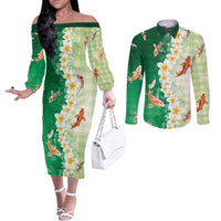 Hawaii And Japan Couples Matching Off The Shoulder Long Sleeve Dress and Long Sleeve Button Shirt Plumeria Lei With Koi Fish Green - Polynesian Pride