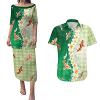Hawaii And Japan Couples Matching Puletasi and Hawaiian Shirt Plumeria Lei With Koi Fish Green LT05 Green - Polynesian Pride