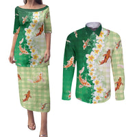 Hawaii And Japan Couples Matching Puletasi and Long Sleeve Button Shirt Plumeria Lei With Koi Fish Green - Polynesian Pride