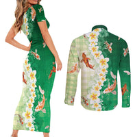 Hawaii And Japan Couples Matching Short Sleeve Bodycon Dress and Long Sleeve Button Shirt Plumeria Lei With Koi Fish Green - Polynesian Pride