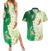 Hawaii And Japan Couples Matching Summer Maxi Dress and Hawaiian Shirt Plumeria Lei With Koi Fish Green - Polynesian Pride