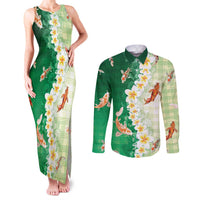 Hawaii And Japan Couples Matching Tank Maxi Dress and Long Sleeve Button Shirt Plumeria Lei With Koi Fish Green - Polynesian Pride