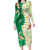 Hawaii And Japan Family Matching Long Sleeve Bodycon Dress and Hawaiian Shirt Plumeria Lei With Koi Fish Green LT05 Mom's Dress Green - Polynesian Pride
