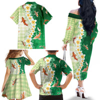 Hawaii And Japan Family Matching Off The Shoulder Long Sleeve Dress and Hawaiian Shirt Plumeria Lei With Koi Fish Green - Polynesian Pride