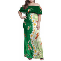 Hawaii And Japan Family Matching Off Shoulder Maxi Dress and Hawaiian Shirt Plumeria Lei With Koi Fish Green LT05 Mom's Dress Green - Polynesian Pride