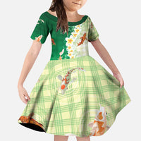 Hawaii And Japan Family Matching Short Sleeve Bodycon Dress and Hawaiian Shirt Plumeria Lei With Koi Fish Green - Polynesian Pride