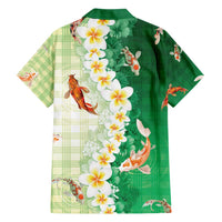 Hawaii And Japan Family Matching Short Sleeve Bodycon Dress and Hawaiian Shirt Plumeria Lei With Koi Fish Green - Polynesian Pride