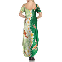 Hawaii And Japan Family Matching Summer Maxi Dress and Hawaiian Shirt Plumeria Lei With Koi Fish Green - Polynesian Pride